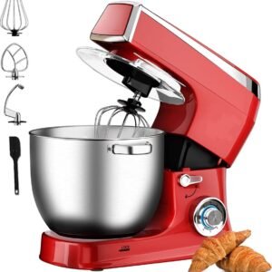 Planetary Mixer With Whisk, Dough Hook, Mixing Hook, Pan Scraper, With Splash Guard & Stainless Steel Mixing Bowl 7.5 L- 2100W – Red – Royalty Line