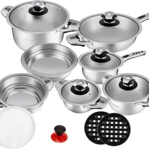Cookware Set – Stainless Steel- 16Pcs- Metal Lid – Royalty Line