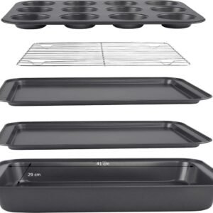 Baking Mold Set – 5 Piece – Cake & Muffin & Cookie tray & Roaster & Cooling Rack – Black – Royalty Line