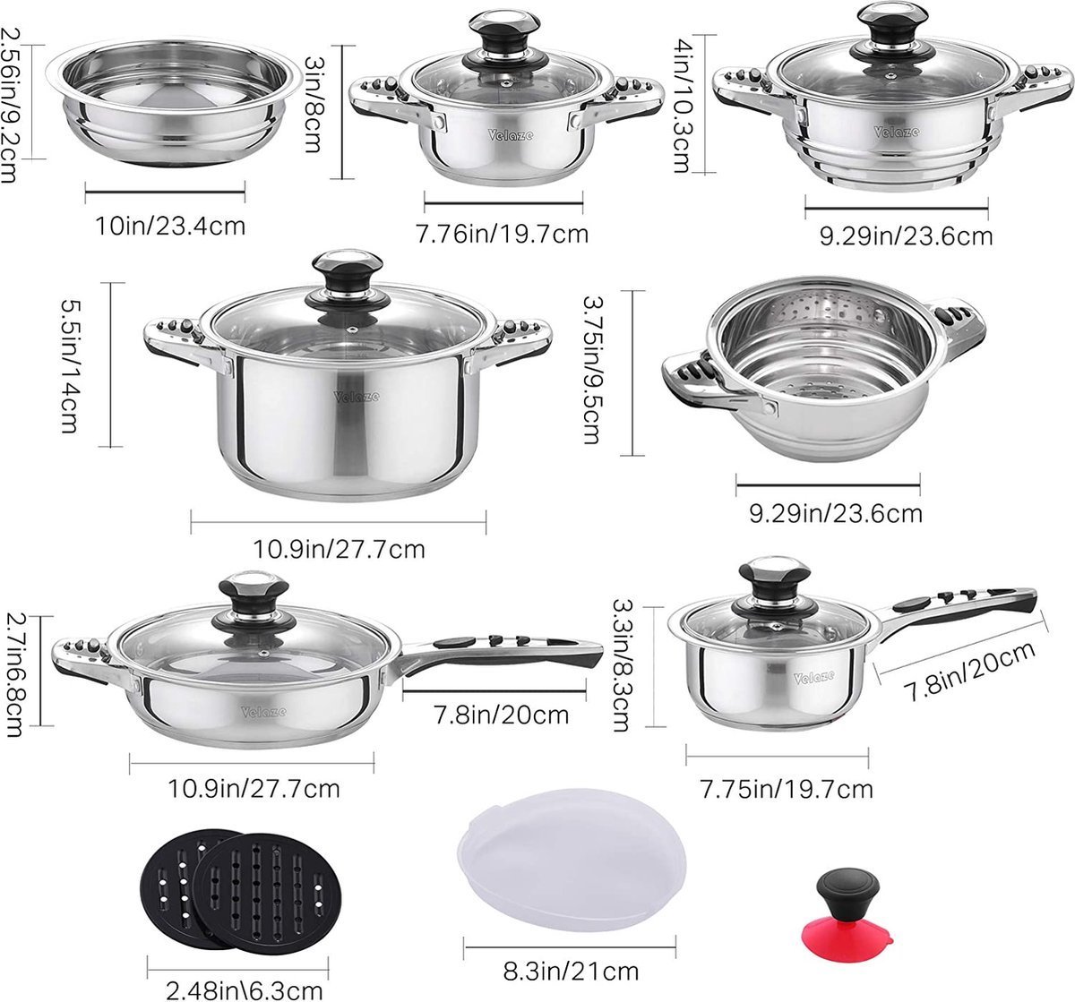Cookware Set - Stainless Steel- 16Pcs- Metal Lid - Royalty Line - Image 6