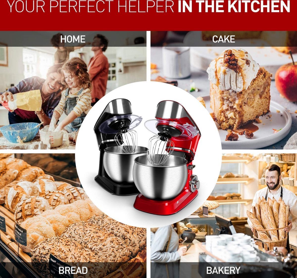 Planetary Mixer - 6 speed Settings - Stainless Steel Mixing Bowl 6.5 L- 1900W - Red - Royalty Line - Image 3