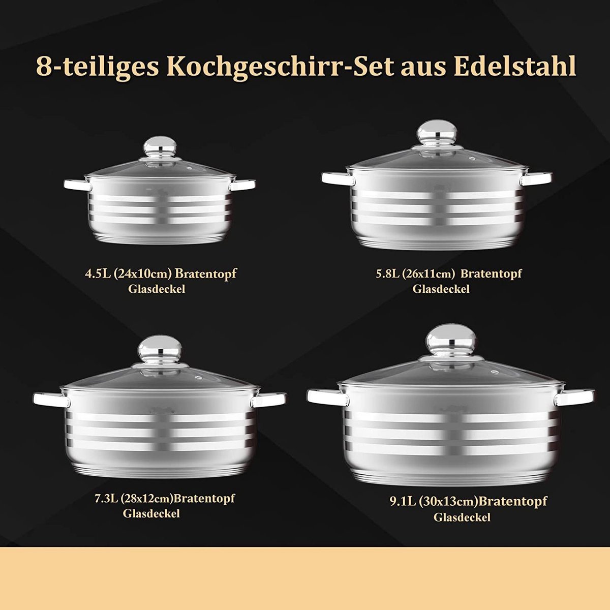 Pots Wide Sets - Stainlees Steel Stock - 8PCS - 4/5/7/9 L - Royalty Line - Image 4