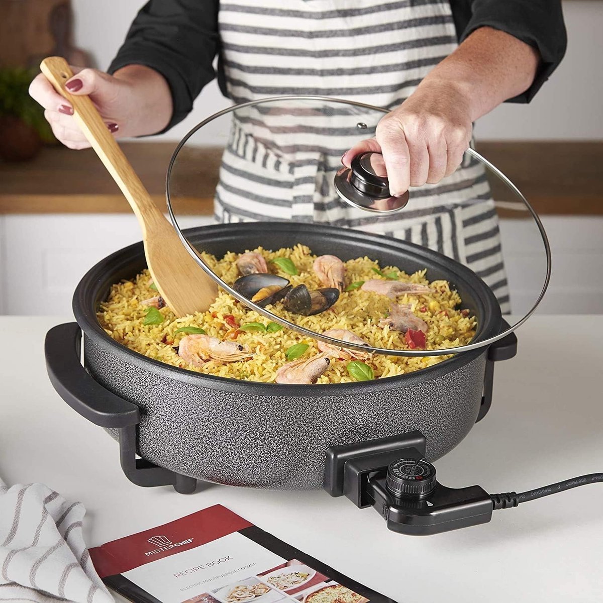 Electric Party Pan with Glass Lid and Non-Stick Coating - 5 Adjustable Heat Levels - 1500W - Ø42cm - Black - Image 3