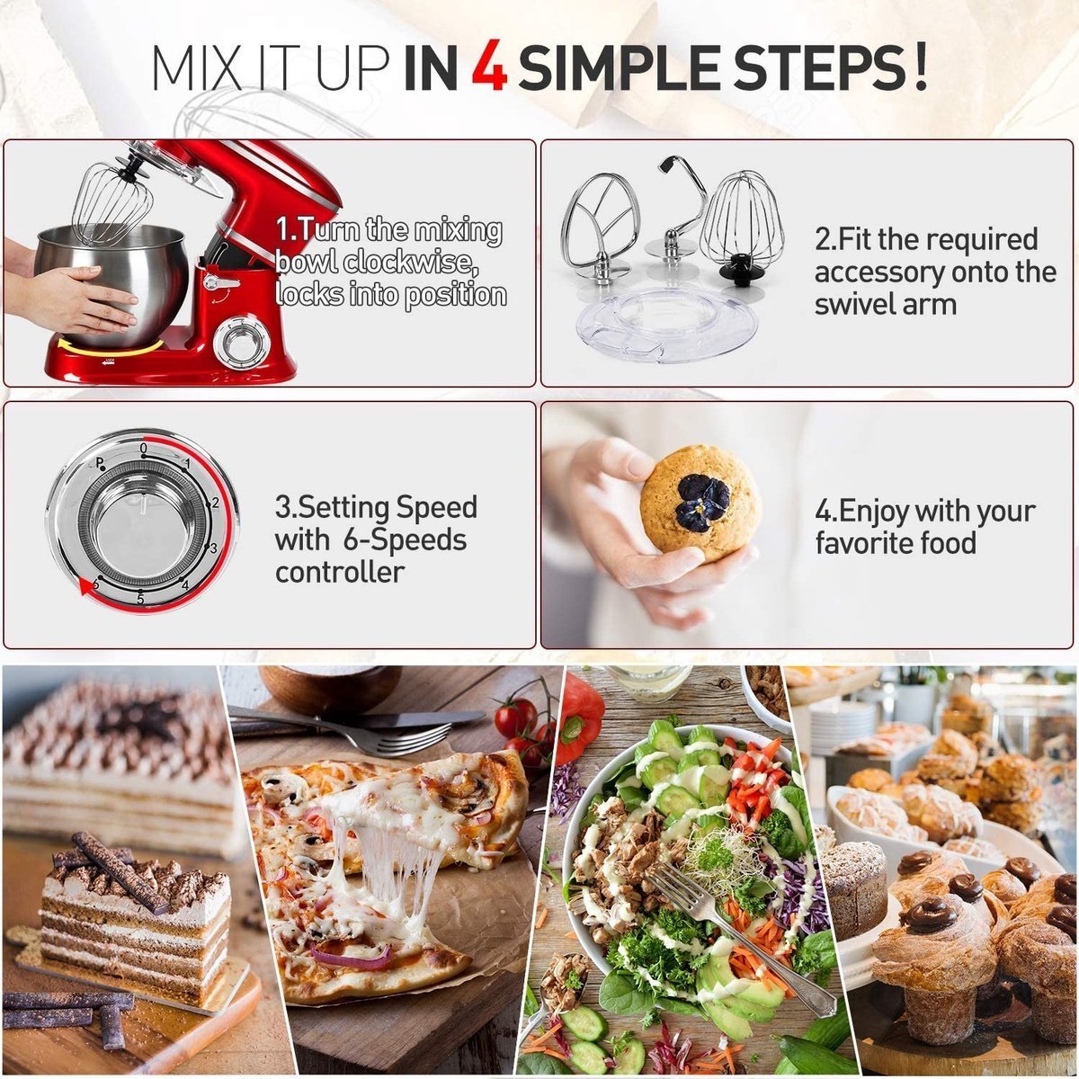 Planetary Mixer - 6 speed Settings - Stainless Steel Mixing Bowl 6.5 L- 1900W - Red - Royalty Line - Image 7