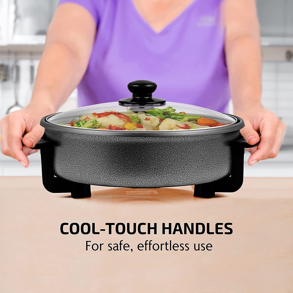 Electric Party Pan with Glass Lid and Non-Stick Coating - 5 Adjustable Heat Levels - 1500W - Ø42cm - Black - Image 11