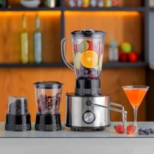 Juicer for Vegetables & Fruit / Blender / Chopper / Coffee Grinder – 1000W- 1 L Cup – 3 Speeds – Stainless Steel – Black – Royalty Line