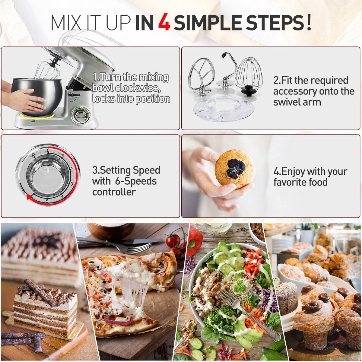 Planetary Mixer 3 in 1 With Blender, Meat Grinder, Whisk, Dough Hook, Mixing Hook - 2100W - 1.5 L Glass Jug - 7.5 Liters stainless Steel Bowl - Black - Royalty Line - Image 4