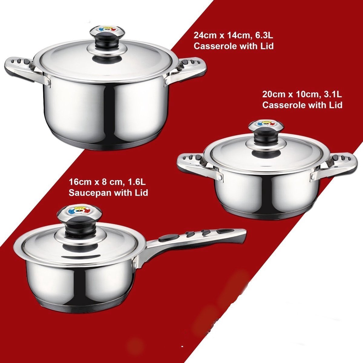 Cookware Set - Stainless Steel- 16Pcs- Metal Lid - Royalty Line - Image 5