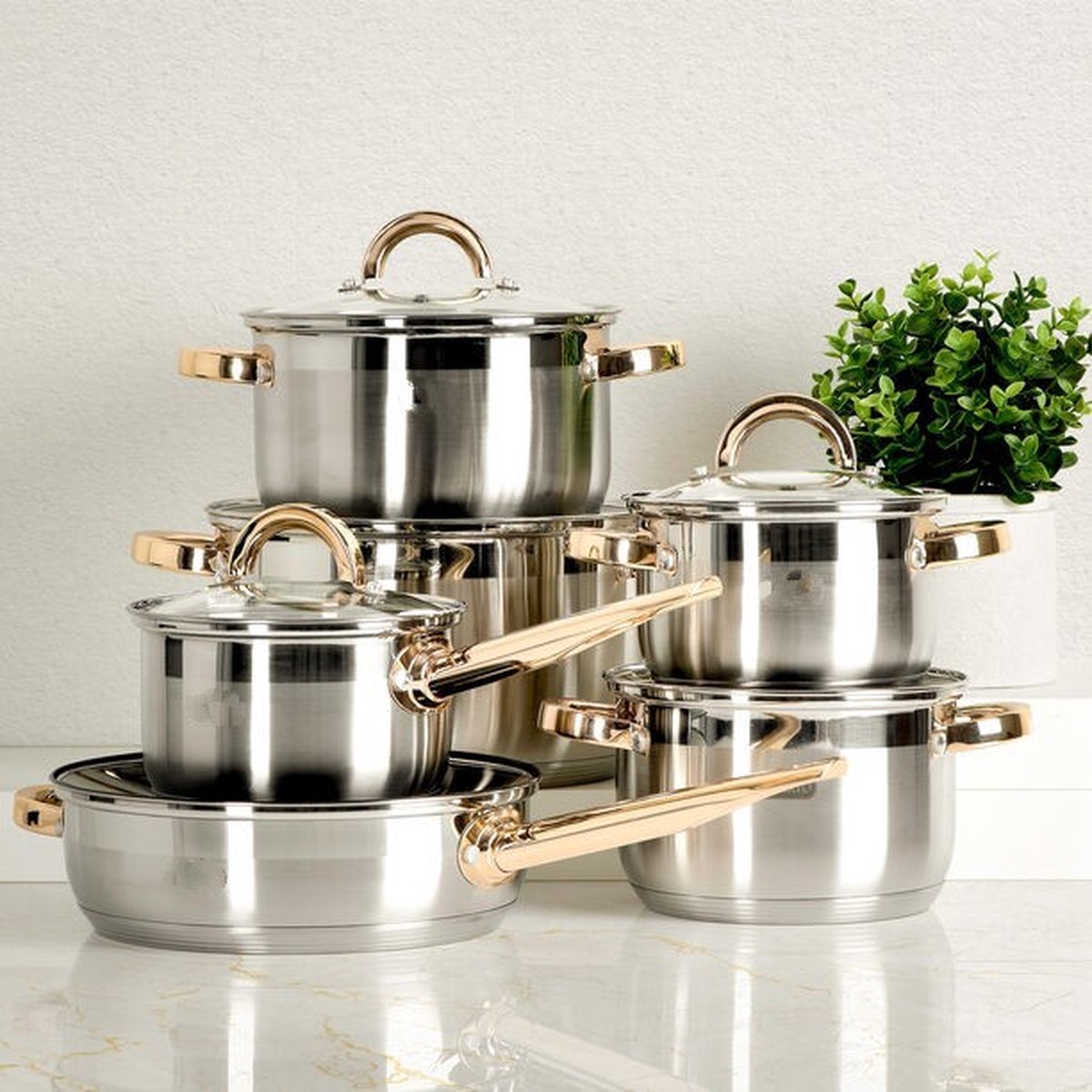 Cookware Set - Stainless Steel- 12Pcs - Gold Handles - Royalty Line - Image 12