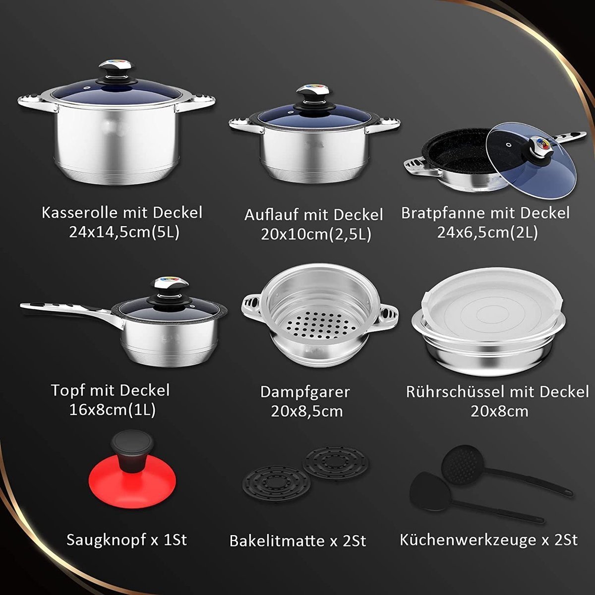 Cookware Set - Stainless Steel- 16Pcs- Glass Lid - Royalty Line - Image 14