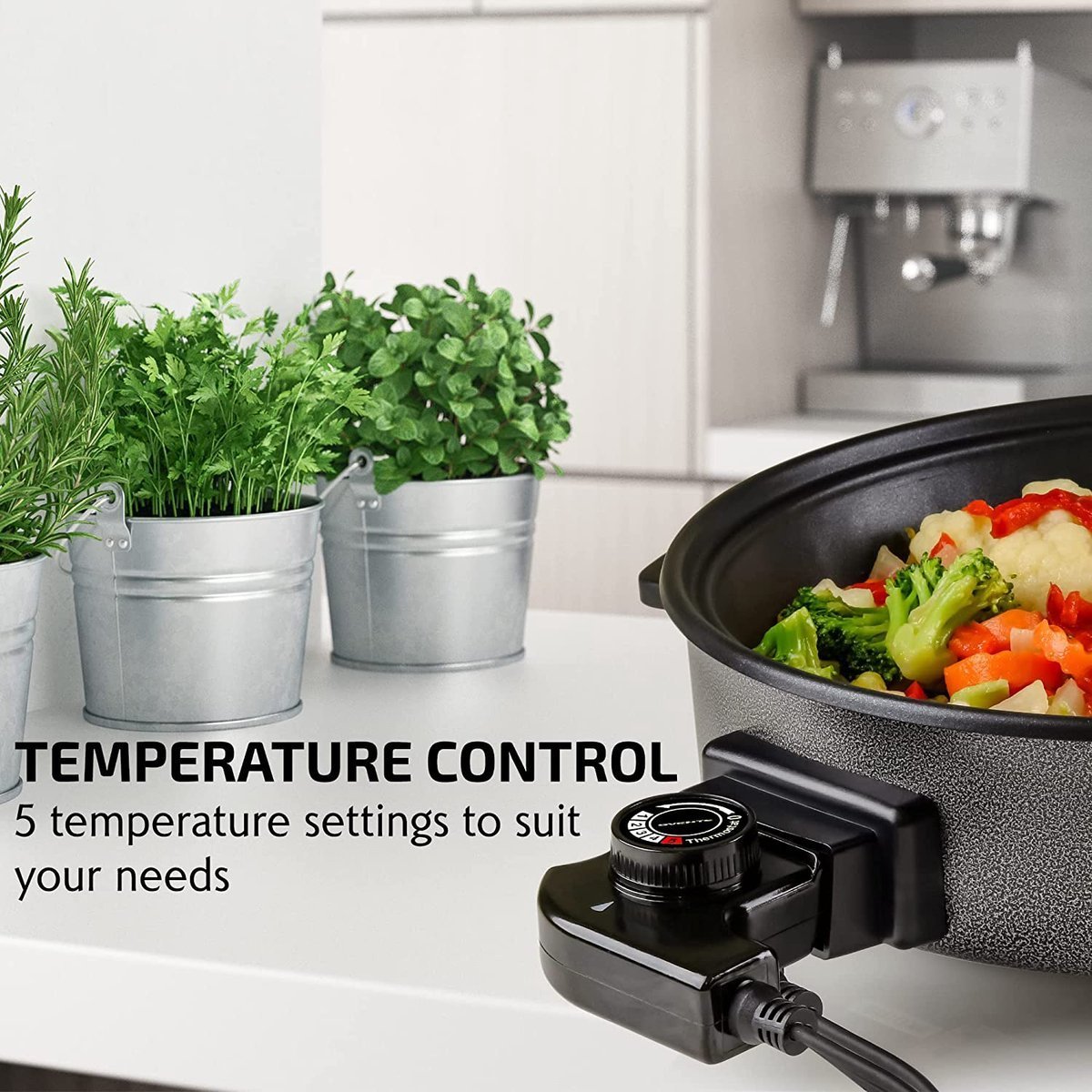 Electric Party Pan with Glass Lid and Non-Stick Coating - 5 Adjustable Heat Levels - 1500W - Ø42cm - Black - Image 18