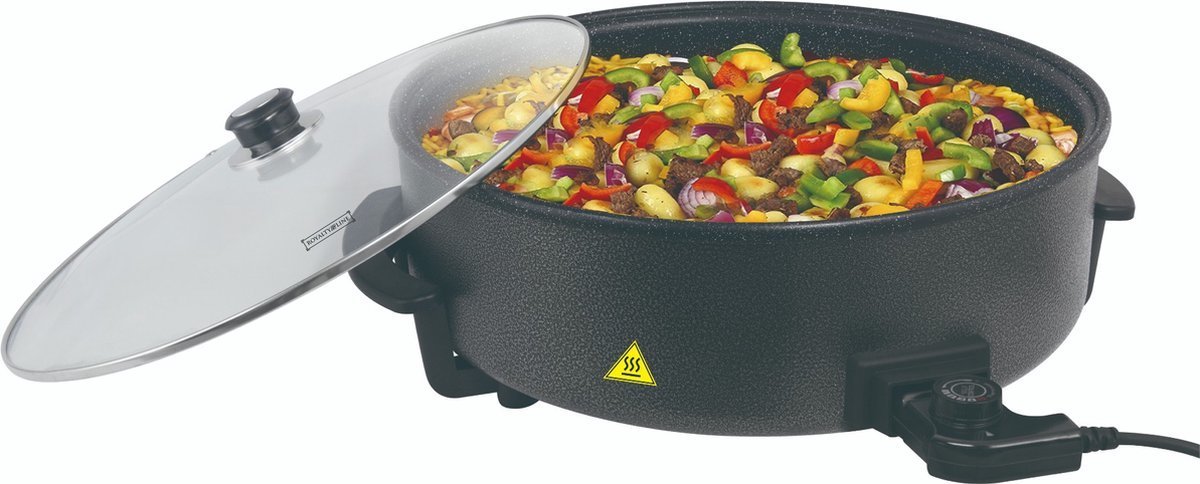 Electric Party Pan with Glass Lid and Non-Stick Coating - 5 Adjustable Heat Levels - 1500W - Ø42cm - Black - Image 4