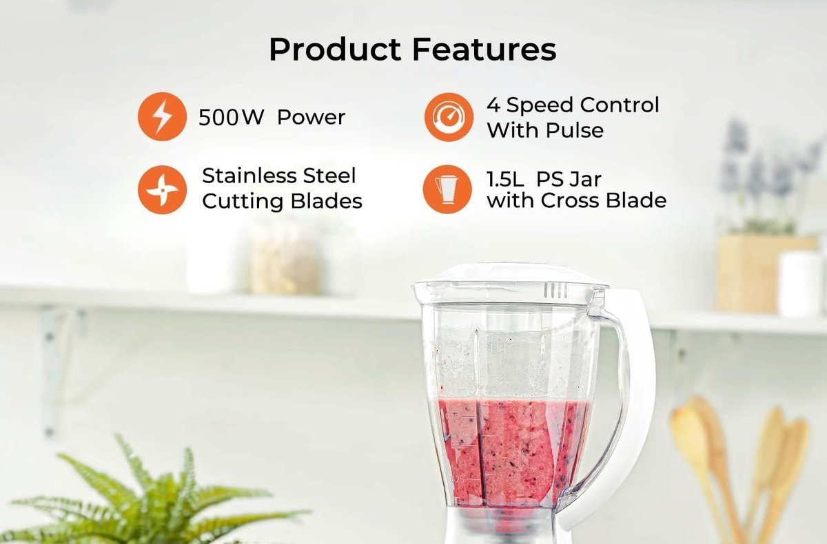 Blender - Smoothie Maker with Coffee/Bean/Spice Grinder - Smoothie Maker - 1.5L - 500W - 4 Speeds - White - Royalty Line - Image 6