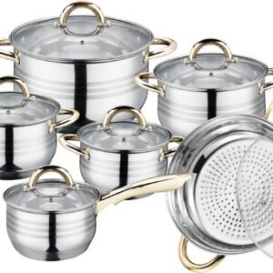 Cookware Set – Stainless Steel- 12Pcs – Gold Handles – Royalty Line