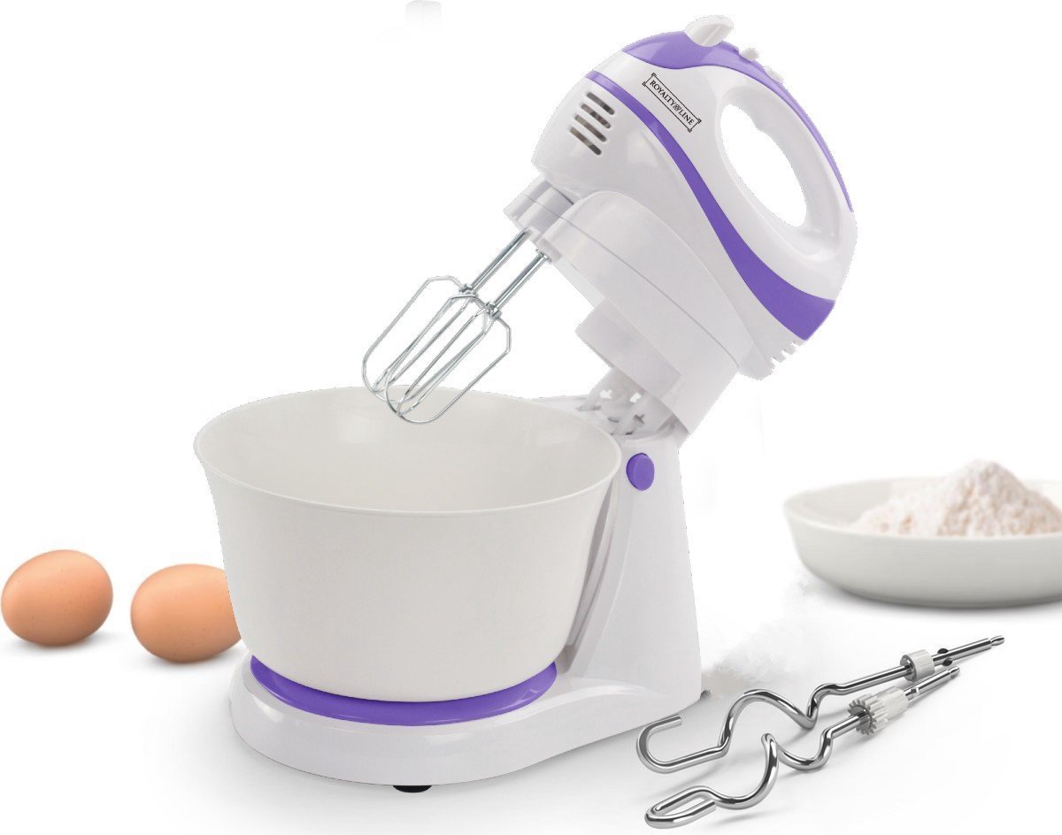 Hand Mixer with Mixing Bowl 2.5 L - 2 in 1 Kitchen Mixer with Beaters and Dough Hooks - 300W - White/Purple - Royalty Line - Image 4