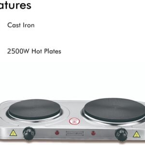 Electric Hob – 2 Burners/Cooking Zones – 1000W + 1500W – Ø155 + 185mm – Stainless Steel