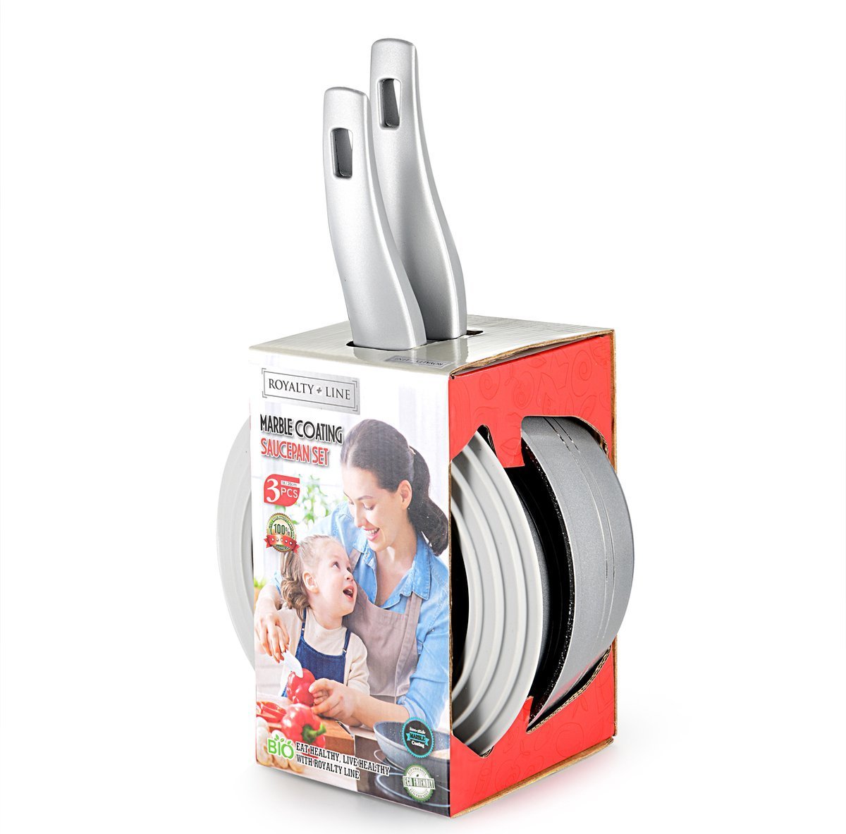 Sauce Pan Set- Non Stick Marble Coating - 3 Pcs - SILVER - Royalty Line - Image 2