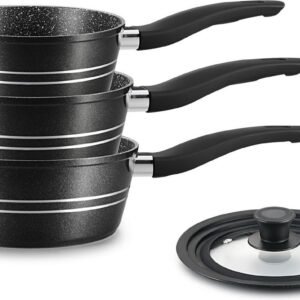 Sauce Pan Set- Non Stick Marble Coating – 4 Pcs – BLACK – Royalty Line