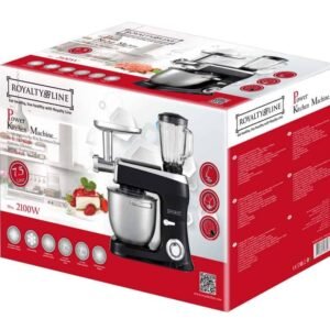Planetary Mixer 3 in 1 With Blender, Meat Grinder, Whisk, Dough Hook, Mixing Hook – 2100W – 1.5 L Glass Jug – 7.5 Liters stainless Steel Bowl – Black – Royalty Line