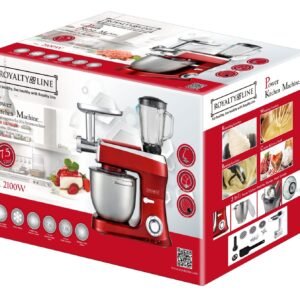 Planetary Mixer 3 in 1 With Blender, Meat Grinder, Whisk, Dough Hook, Mixing Hook – 2100W – 1.5 L Glass Jug – 7.5 Liters stainless Steel Bowl – Red – Royalty Line