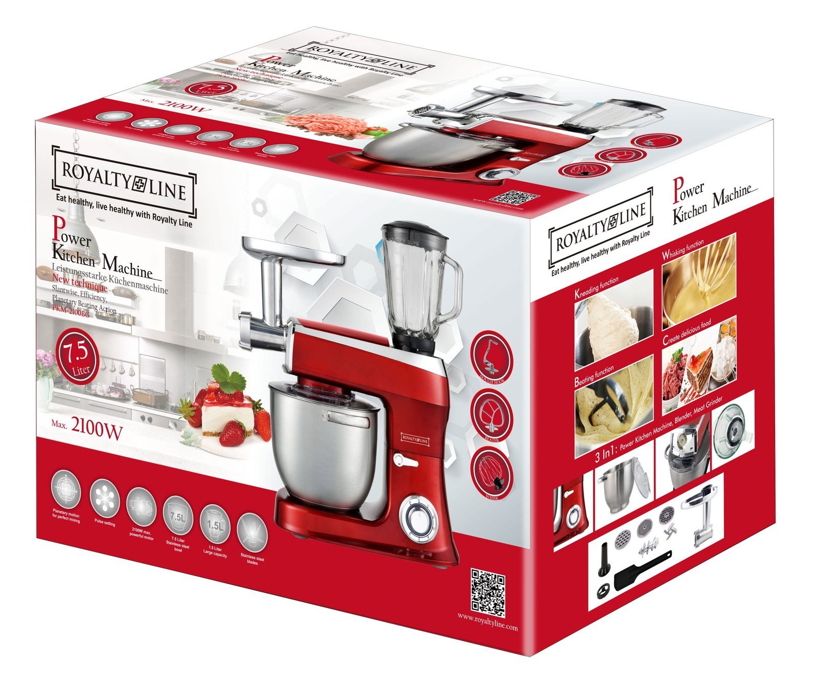 Planetary Mixer 3 in 1 With Blender, Meat Grinder, Whisk, Dough Hook, Mixing Hook - 2100W - 1.5 L Glass Jug - 7.5 Liters stainless Steel Bowl - Red - Royalty Line - Image 2