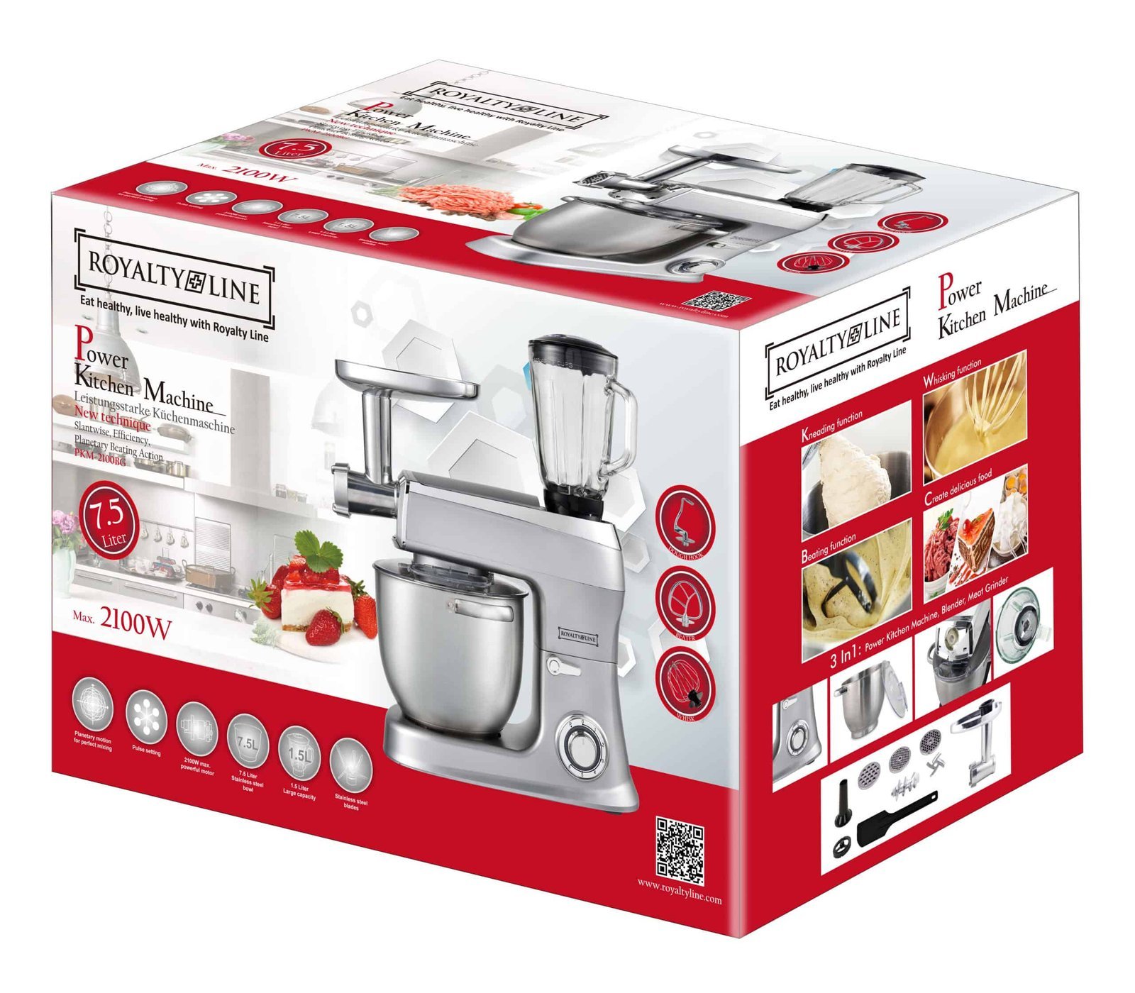 Planetary Mixer 3 in 1 With Blender, Meat Grinder, Whisk, Dough Hook, Mixing Hook - 2100W - 1.5 L Glass Jug - 7.5 Liters stainless Steel Bowl - Silver - Royalty Line - Image 8