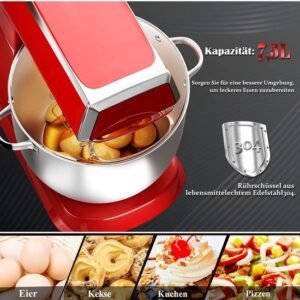 Planetary Mixer With Whisk, Dough Hook, Mixing Hook, Pan Scraper, With Splash Guard & Stainless Steel Mixing Bowl 7.5 L- 2100W – Red – Royalty Line