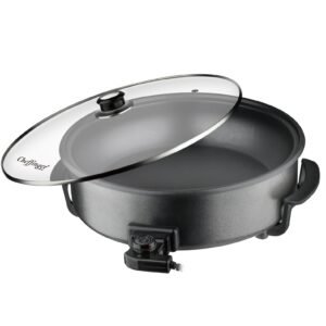 Electric Party Pan with Glass Lid and Non-Stick Coating – Adjustable Heat up to 240degree – 1500W – Ø42cm – Black – Cheffinger