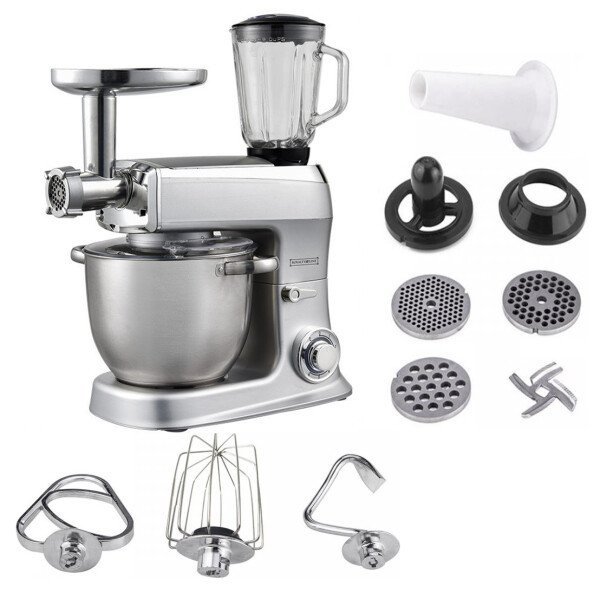 Planetary Mixer 3 in 1 With Blender, Meat Grinder, Whisk, Dough Hook, Mixing Hook - 2100W - 1.5 L Glass Jug - 7.5 Liters stainless Steel Bowl - Silver - Royalty Line - Image 9