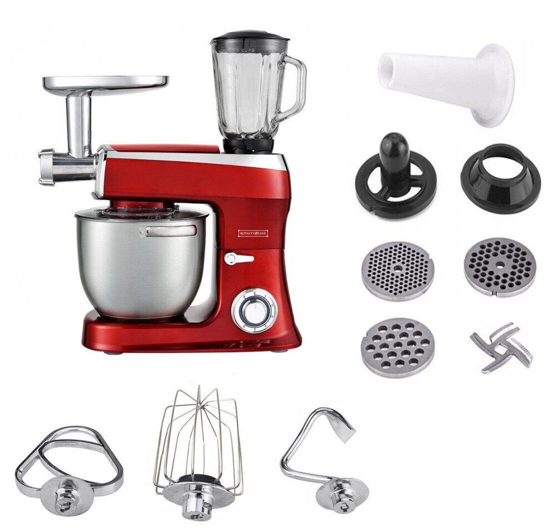 Planetary Mixer 3 in 1 With Blender, Meat Grinder, Whisk, Dough Hook, Mixing Hook - 2100W - 1.5 L Glass Jug - 7.5 Liters stainless Steel Bowl - Red - Royalty Line - Image 3